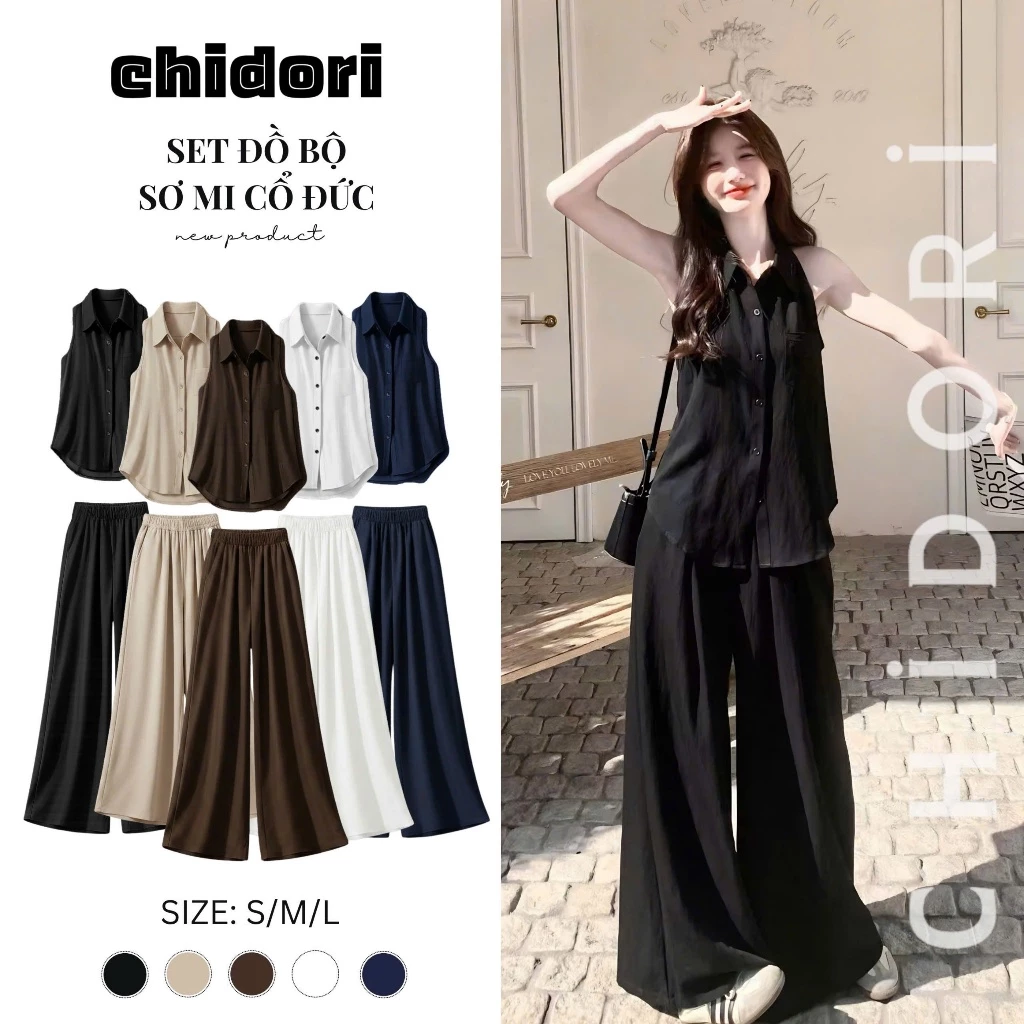 ( BST Mùa Hè ) Set Đồ Bộ Nữ Gồm Áo Sơ Mi Và Quần Xuông Ống Rộng Chất Vải Đũi Xước Line Basic