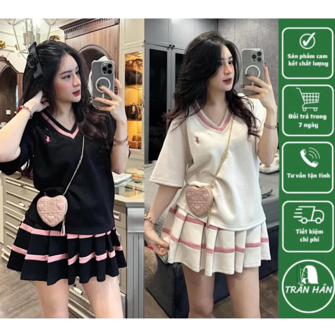 SET ĐỒ NỮ, ĐỒ BỘ NỮ SANG CHẢNH - Set váy áo nữ cổ V phối viền màu kèm chân váy xếp ly hot girl chất liệu cotton