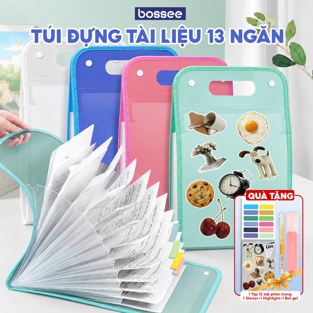 [ TẶNG 2 QUÀ] Cặp Đựng Tài Liệu 13 Ngăn Bossee Tiện Lợi  A4 - Túi Nhựa Đựng Hồ Sơ  Bài Kiểm Tra Nhiều Ngăn Bền Đẹp