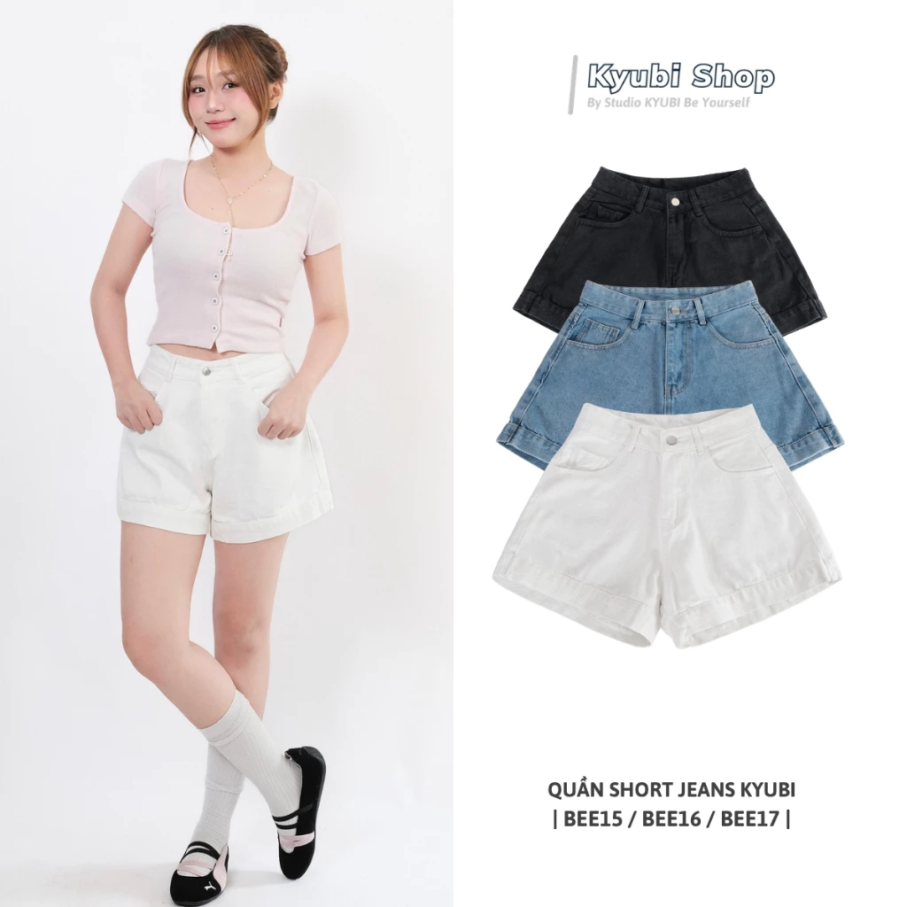 Quần short jean nữ KYUBI cạp lưng cao trắng đen vải denim (nhiều mẫu ,rách, tua) - Quần sọt jeans SOJ15