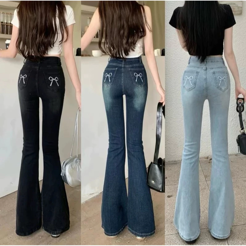 Quần jeans ống loe co giãn thêu nơ túi sau vải bò mềm phong cách Hàn Quốc WQJ024