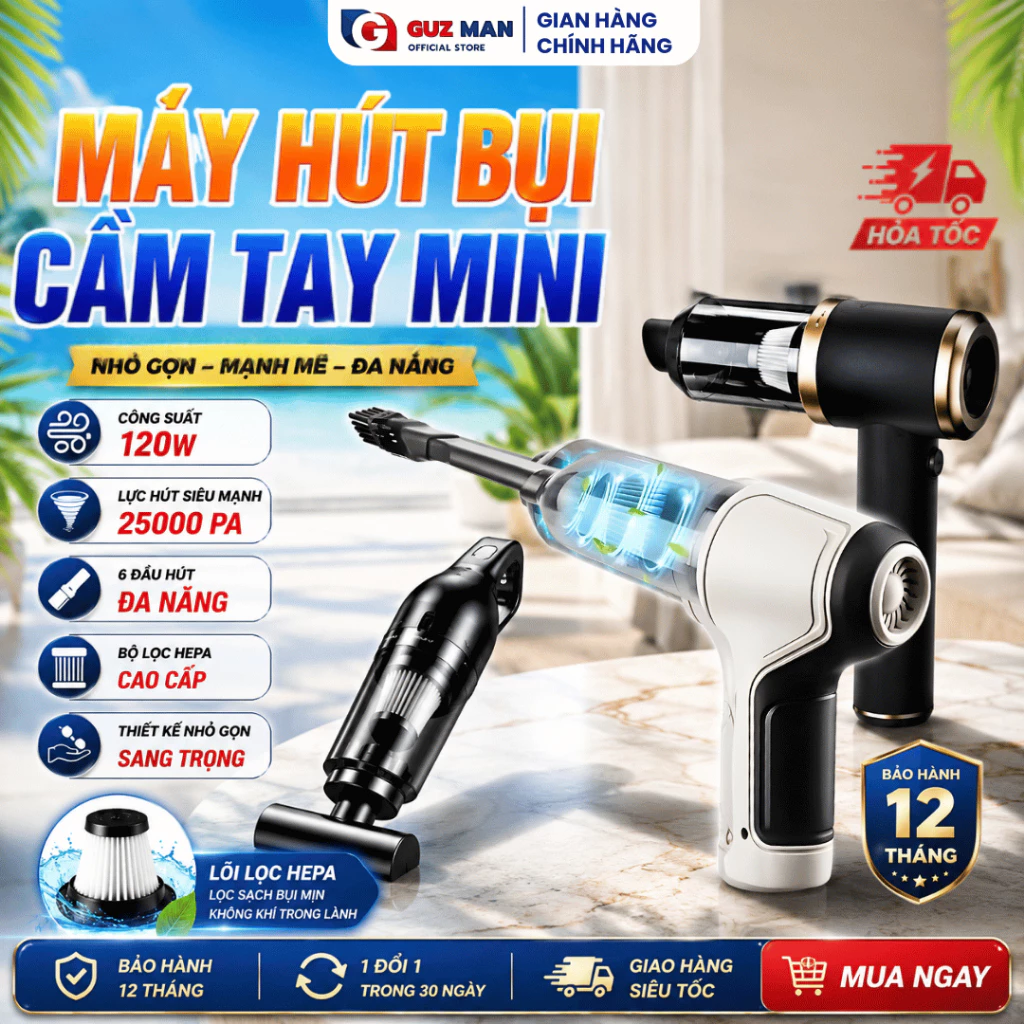 [BÁN CHẠY] Máy Hút Bụi Cầm Tay Đa Năng 120W, Bộ Lọc HEPA Lưc Hút Mạnh 25000PA Cho Ô Tô Và Nhà Cửa
