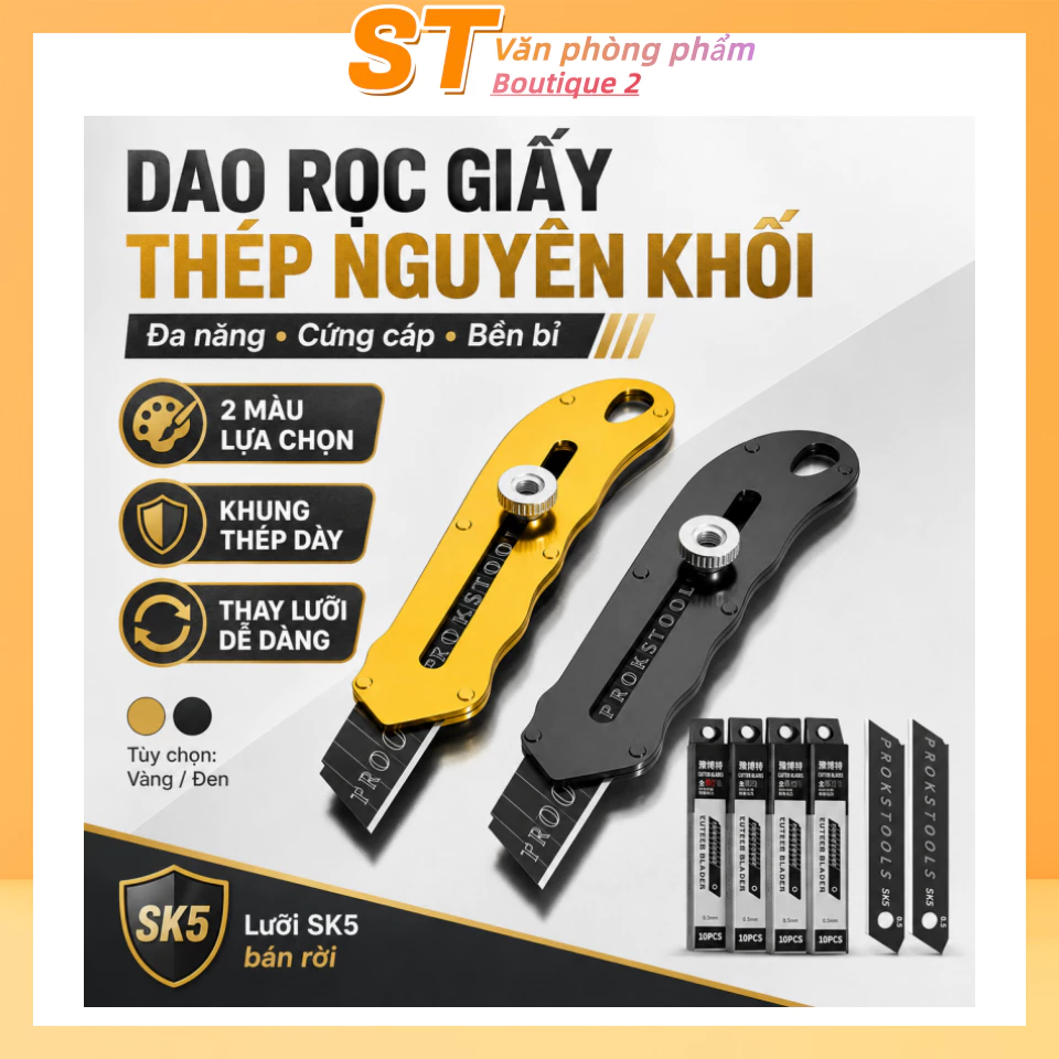 Dao rọc giấy đa năng, thép nguyên khối dày dặn, loại nặng, lưỡi dao có thể điều chỉnh độ sắc bén, an toàn không đứt tay