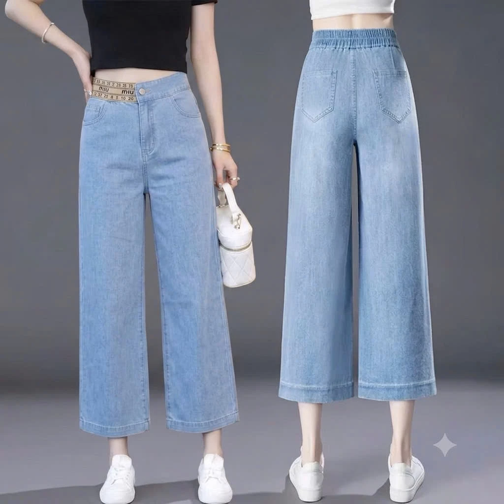 Quần dài ống rộng basic jean bò mềm cạp cao 2 cúc dành cho nữ [M05]