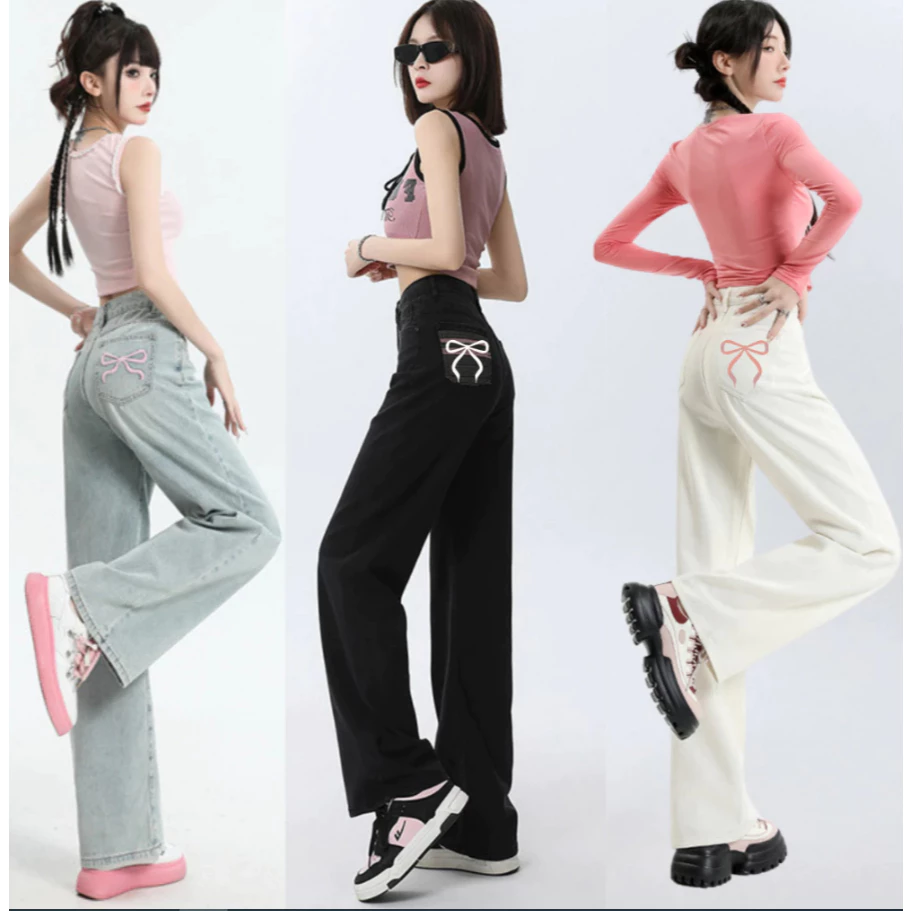 Quần Jean Kaki nữ Lưng cao Ống Suông Đứng Rộng Màu TRẮNG THÊU NƠ Túi Sau, Quần bò nữ cạp cao ống rộng WQJ022