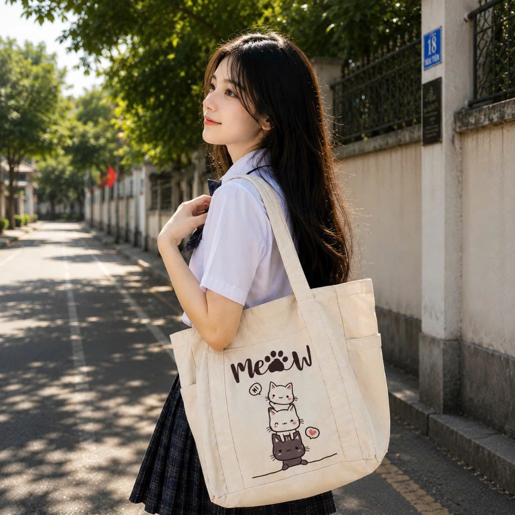 Túi Vải Canvas Túi ToTe 4 Ngăn Kiểu Dáng Cute Đi Chơi, Mua Sắm Kích thước 40cm x 30cm Loại Có Khóa kéo, Nalivata