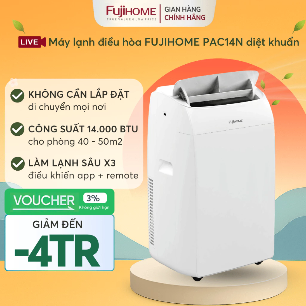 Máy lạnh di động 14000BTU tiết kiệm điện cho phòng lớn Nhập Khẩu FUJIHOME PAC14N 4in1 thông minh