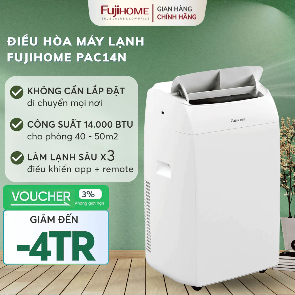 Điều hòa di động hút ẩm tiết kiệm điện Nhập Khẩu FUJIHOME PAC14N hiện đại, máy lạnh kết nối App