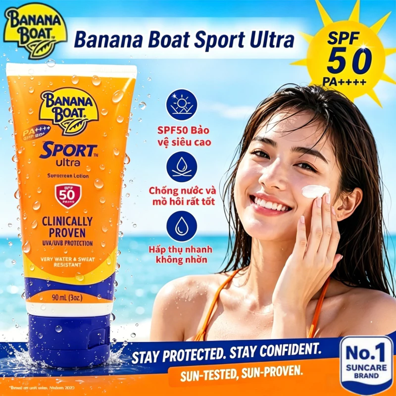 Kem chống nắng Banana Boat Sport chống thấm nước 90ml SPF50 PA+++ cho mặt và toàn thân, bảo vệ khỏi tia UV