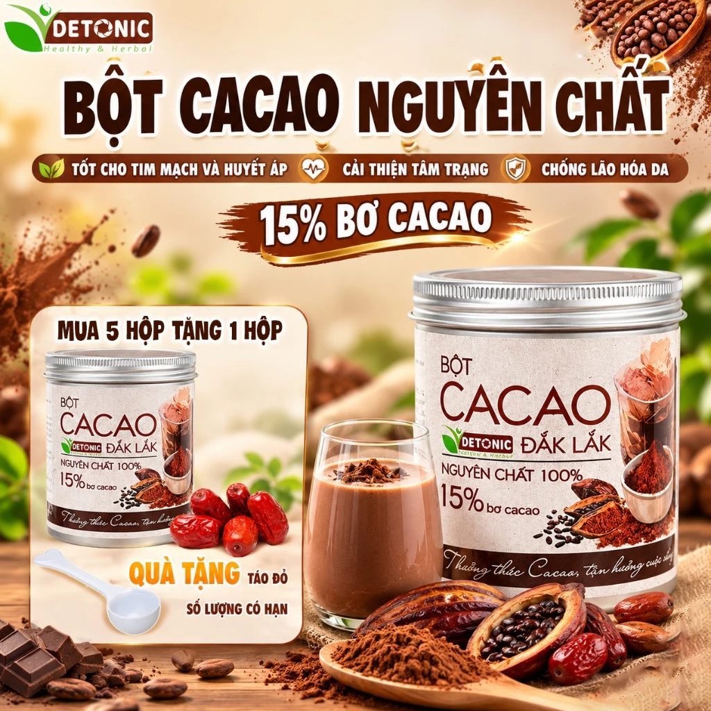 Bột Cacao Nguyên Chất DETONIC 15% bơ cacao thượng hạng, thơm tự nhiên vị đắng nguyên bản không đường gu truyền thống