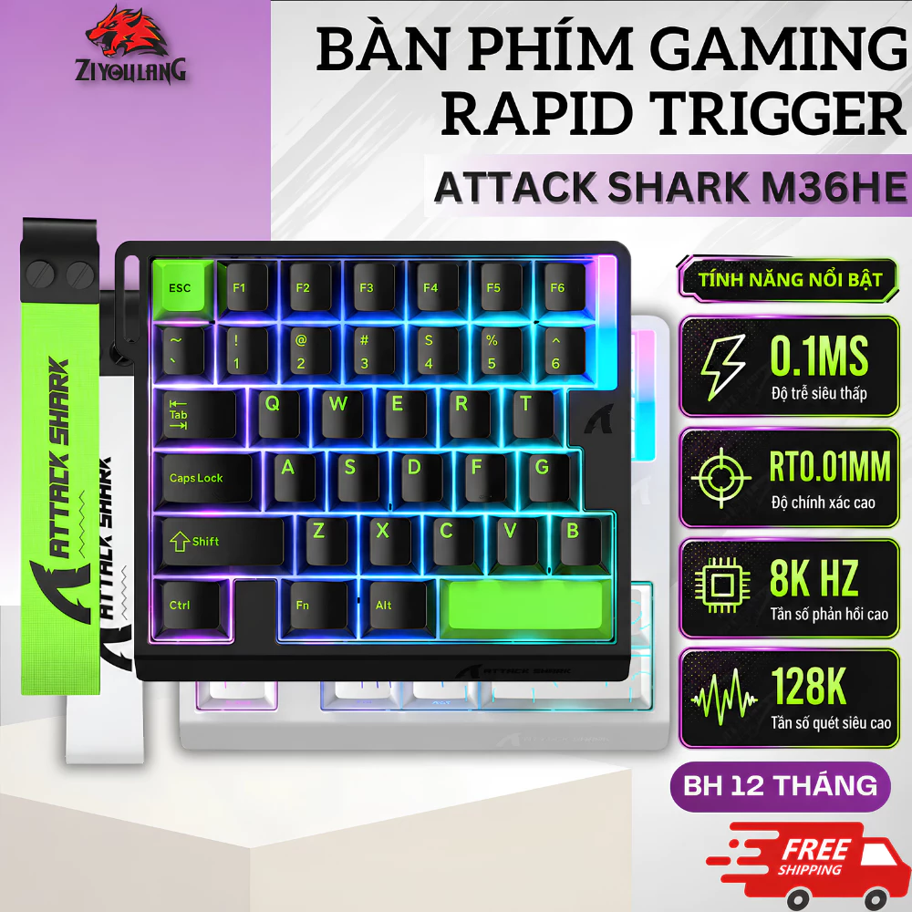 Bàn Phím Gaming Attack Shark M36HE Magnetic Switch - Rapid Trigger 0.01mm, 8.000Hz, RGB Esports