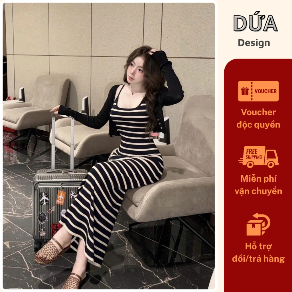 P2 Set 2 Món Váy Kẻ Áo Khoác Ngắn Chất Cotton Mềm Mịn Sang Chảnh Tiểu Thư Tôn Dáng Phù Hợp Đi Chơi, Đi Tiệc