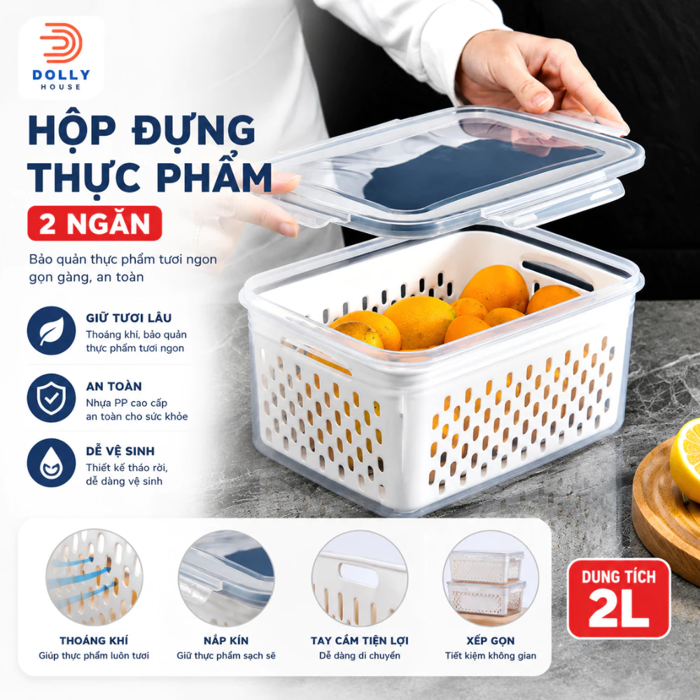 Hộp đồ đựng thực phẩm có đáy tách nước hộp bảo quản rau củ quả bảo quản trong tủ lạnh Dollyhouse