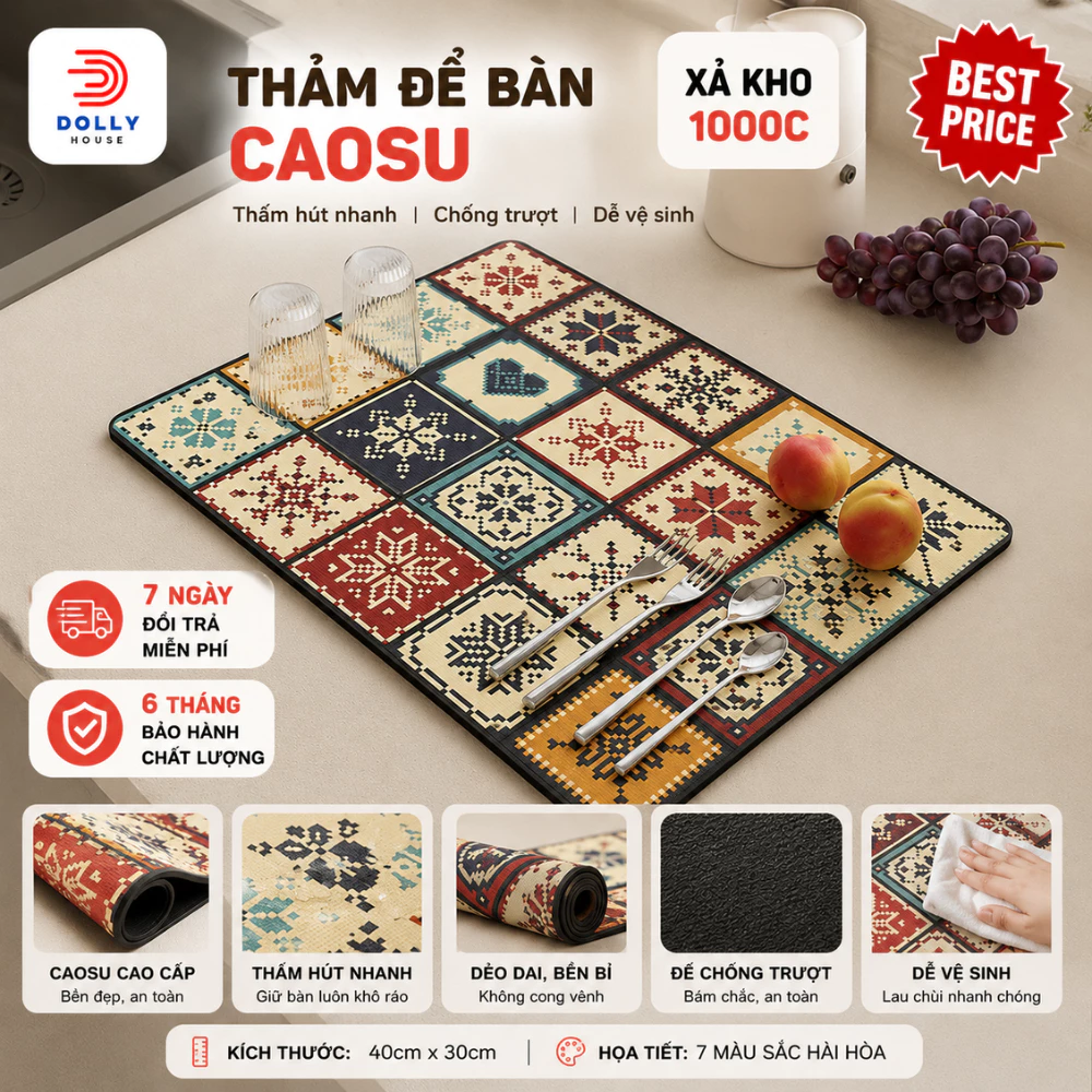 Thảm Thấm Hút Nước Nhanh Khô, Chất Liệu Da Nappa Đế Cao Su Chống Trượt, Thảm Lót Ly Thấm Nước Cho Nhà Bếp dollyhouse