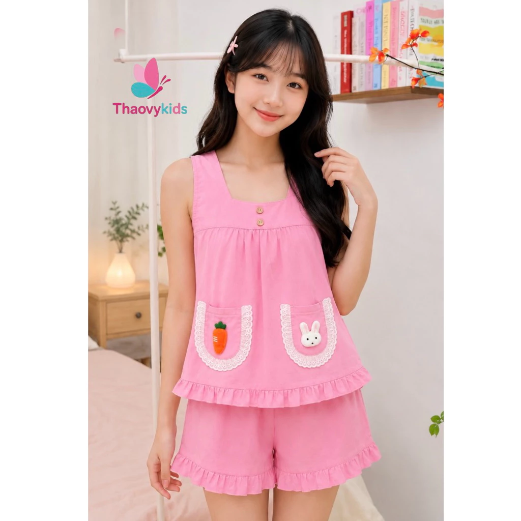Bộ pijama bé gái 2 dây chất liệu vải latin họa tiết thỏ cà rốt dễ thương, thoải mái cho bé vận động, đi chơi