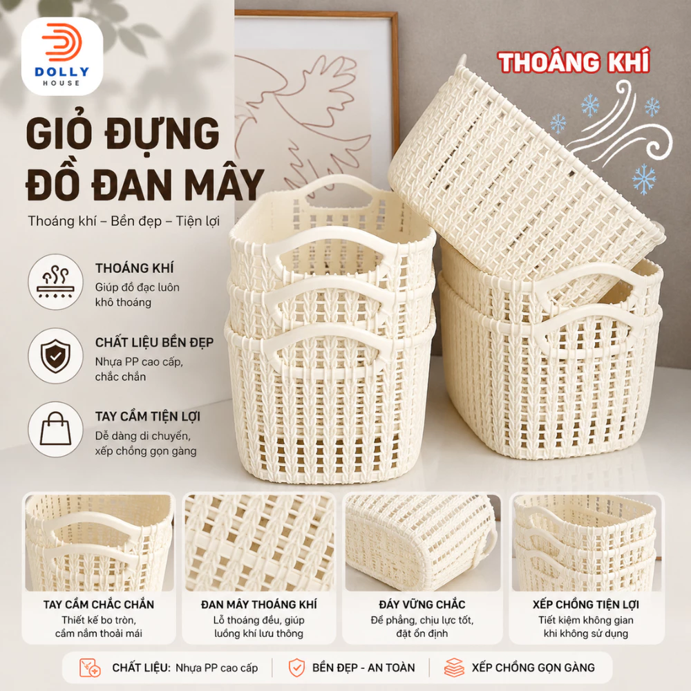 Giỏ Đan Mây, Rổ Đan Mây, Giỏ Đựng Đồ Đa Năng Nhựa PP Cứng Cáp, Thoáng Khí Chống Nấm Mốc Dollyhouse