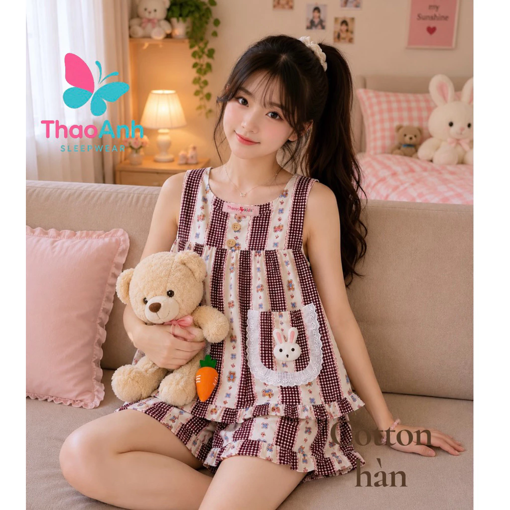 Bộ pijama cộc tay bé gái vải sọc nhung đáng yêu – bộ ngủ mùa hè mát lạnh cho bé từ 10–60kg
