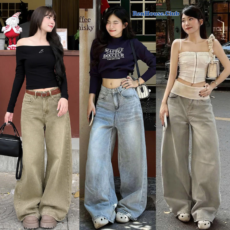 Quần Jeans Bò Ống Rộng Xuông Wash Renhouse Cạp Cao Tôn Dáng Nam Nữ Unisex, Quần Kaki Jean Ống Suông Rộng Nữ Đủ Size