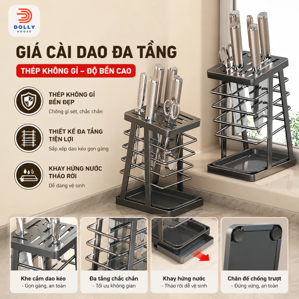 Kệ cắm dao kéo inox kệ để dao kéo có khay hứng nước không gian thoáng mát không han rỉ dao Dollyhouse