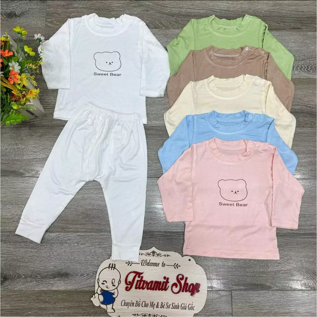 Bộ dài minkibae cài vai cổ nẹp vải thun lạnh HÌNH GẤU cho bé trai, bé gái (BÉ DƯỚI 3 TUỔI)
