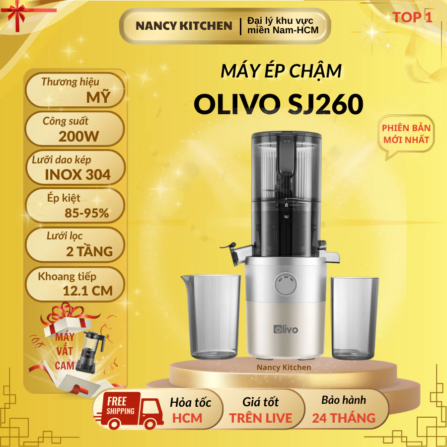 [CHÍNH HÃNG]Máy ép chậm OLIVO SJ260, Lưỡi Dao Kép, Khoang Tiếp Lớn, Ép Kiệt, Dễ Dàng Vệ Sinh