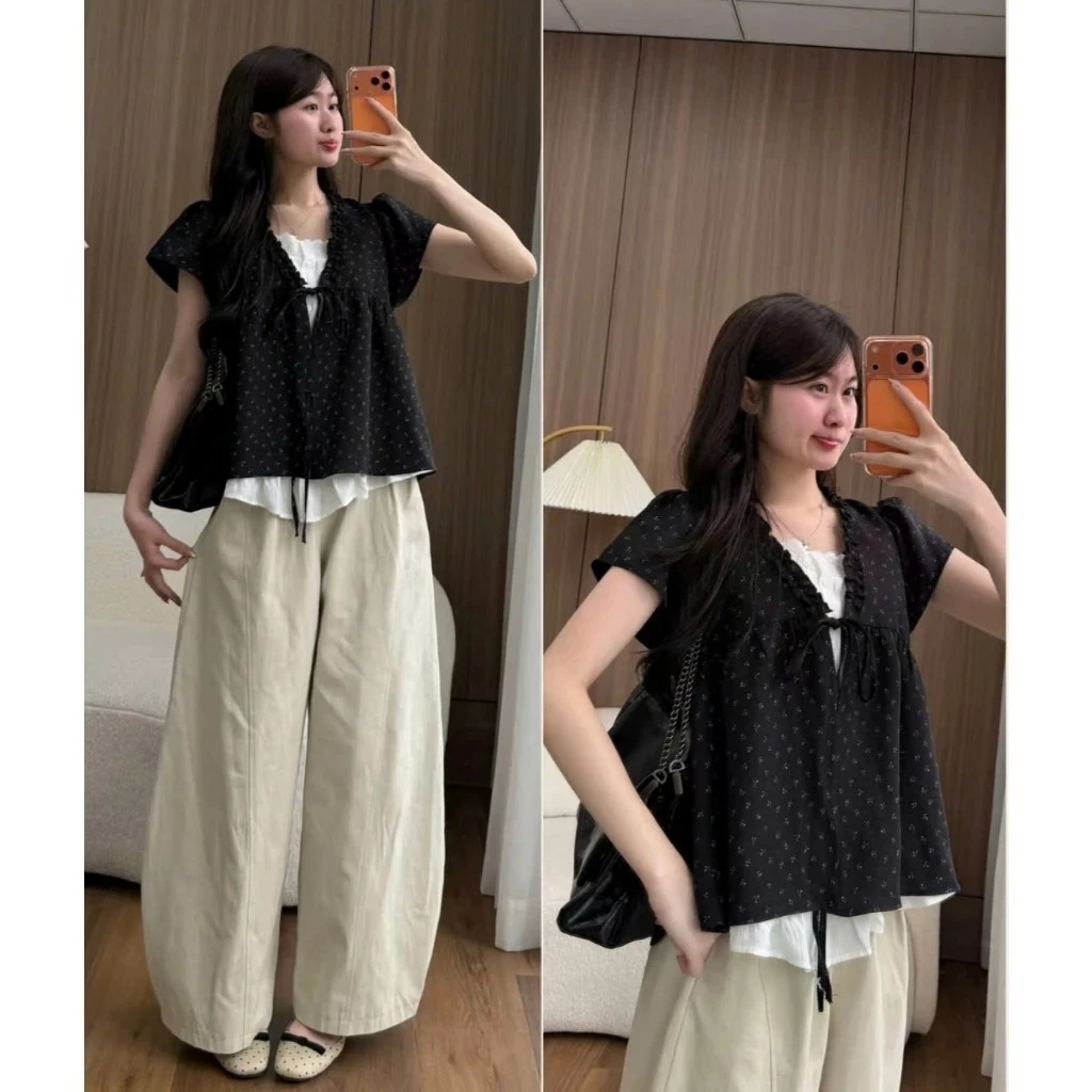 Áo Babydoll Vintage Nữ Viền Bèo Hoa Nhí, Áo Kiểu Tay Ngắn Nơ Ngực Phối Bèo Trắng Hai Lớp Dễ Thương