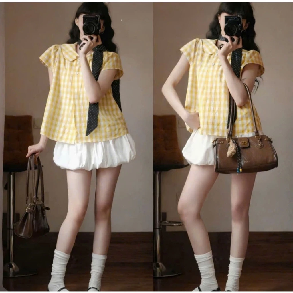 Áo Sơ Mi Nữ Vintage Cổ Sen Phối Caro, Áo Kiểu Tay Ngắn 4 Cúc Chất Đũi Mềm Mại Dễ Thương Mặc Hằng Ngày