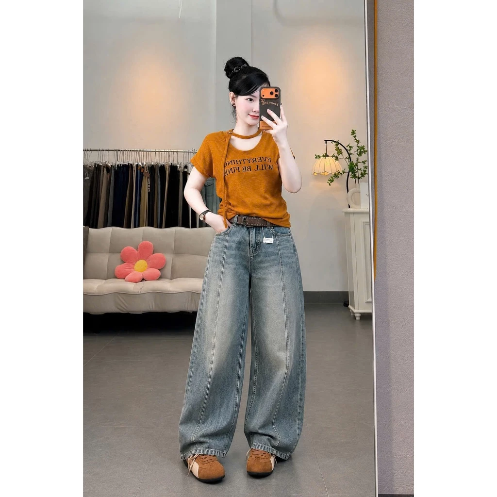 Quần Jean Suông Phối Baggy Form Thụng - Quần Jean Nữ Dài Bigsize MS619.1