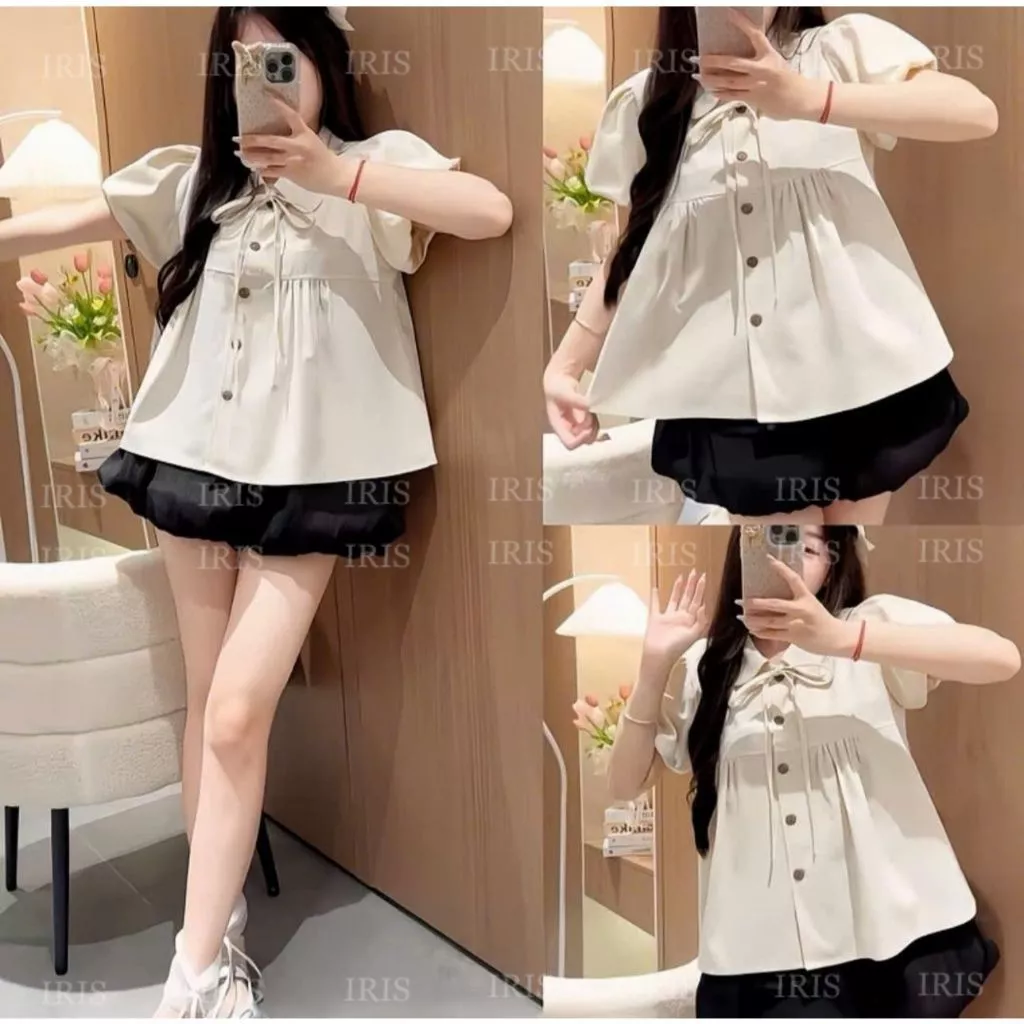 Áo Sơ Mi Bèo Cổ Sen Nữ Tay Bồng Phối Cúc Nâu , Áo Kiểu Babydoll Form Suông Buộc Nơ Phong Cách Vintage Nàng Thơ