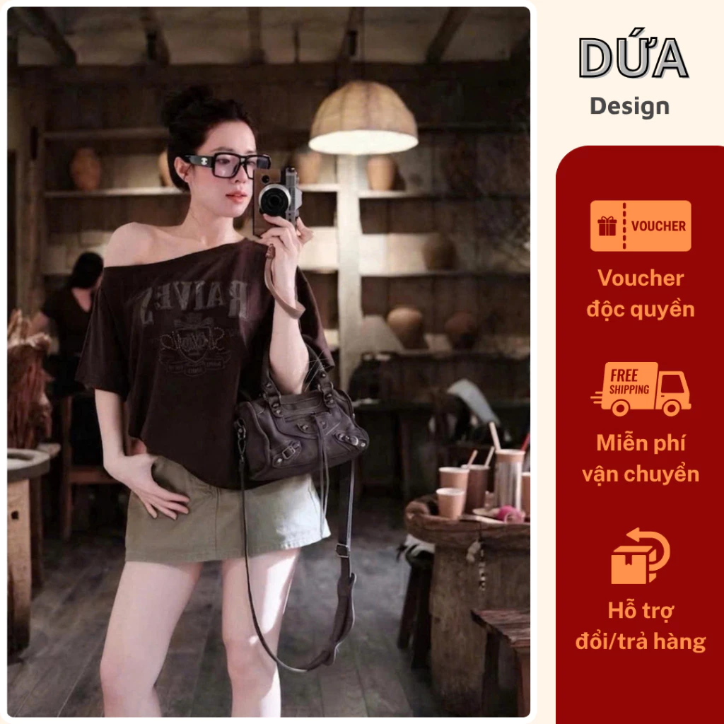 P12 Áo Raives Trễ Vai In Chữ Form Rộng Phong Cách Hàn Quốc Trẻ Trung Năng Động
