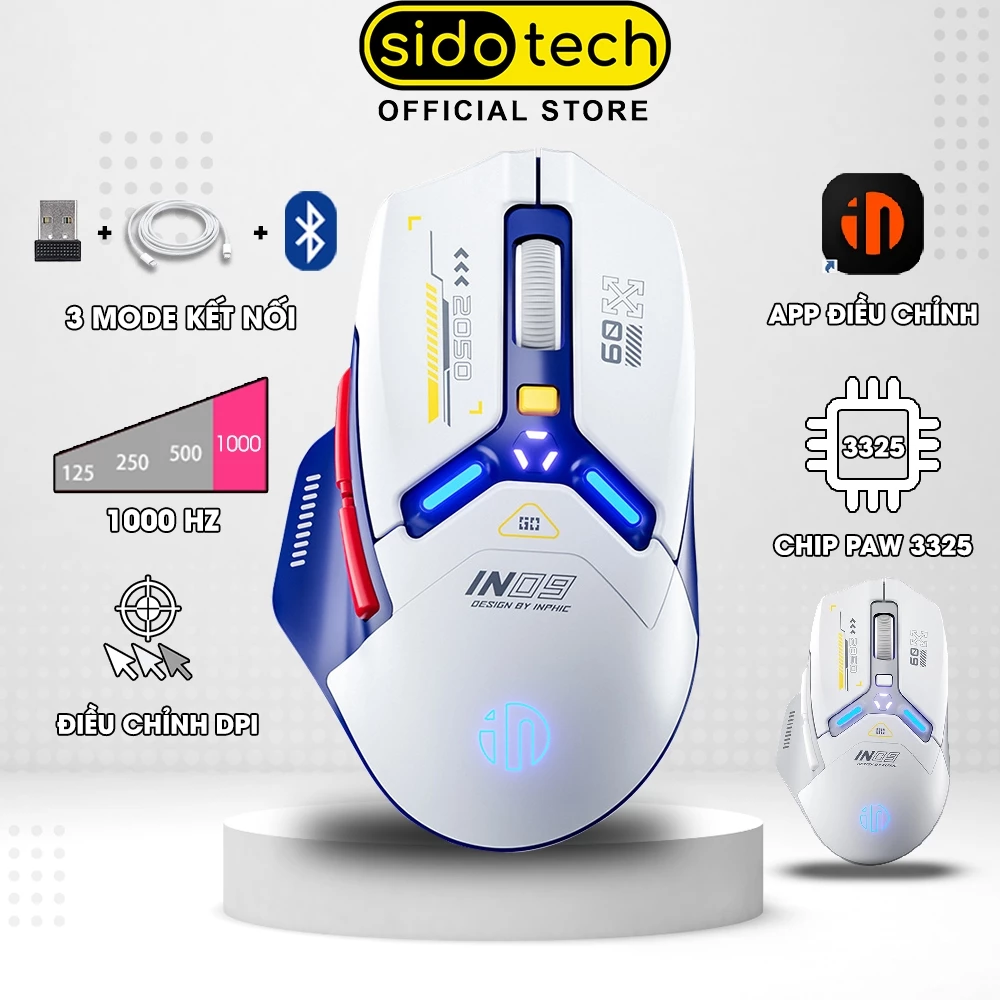 Chuột không dây gaming SIDOTECH INP9 bluetooth pin sạc gundam 6 nút bấm 3 mode có app 1000 hz chơi game máy tính cao cấp