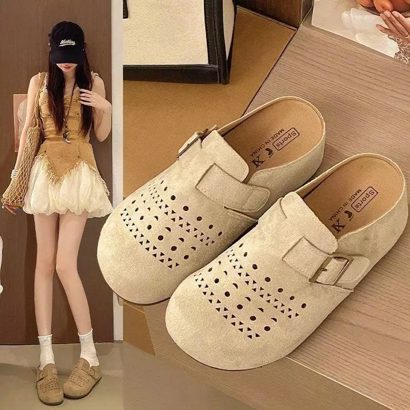 Dép Sục Nữ Mũi Tròn Da Lộn Vintage, Thiết Kế Đục Lỗ Thoáng Chân, Đế Êm Nhẹ - Lù Store HN - 991