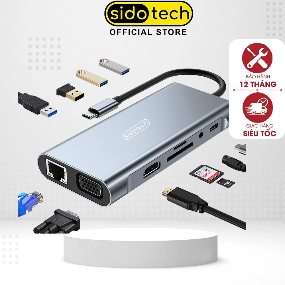 Hub chuyển đổi Type C USB 3.0 Sidotech 11 port bộ chia mở rông kết nối cho máy tinh laptop máy in điện thoại máy ảnh