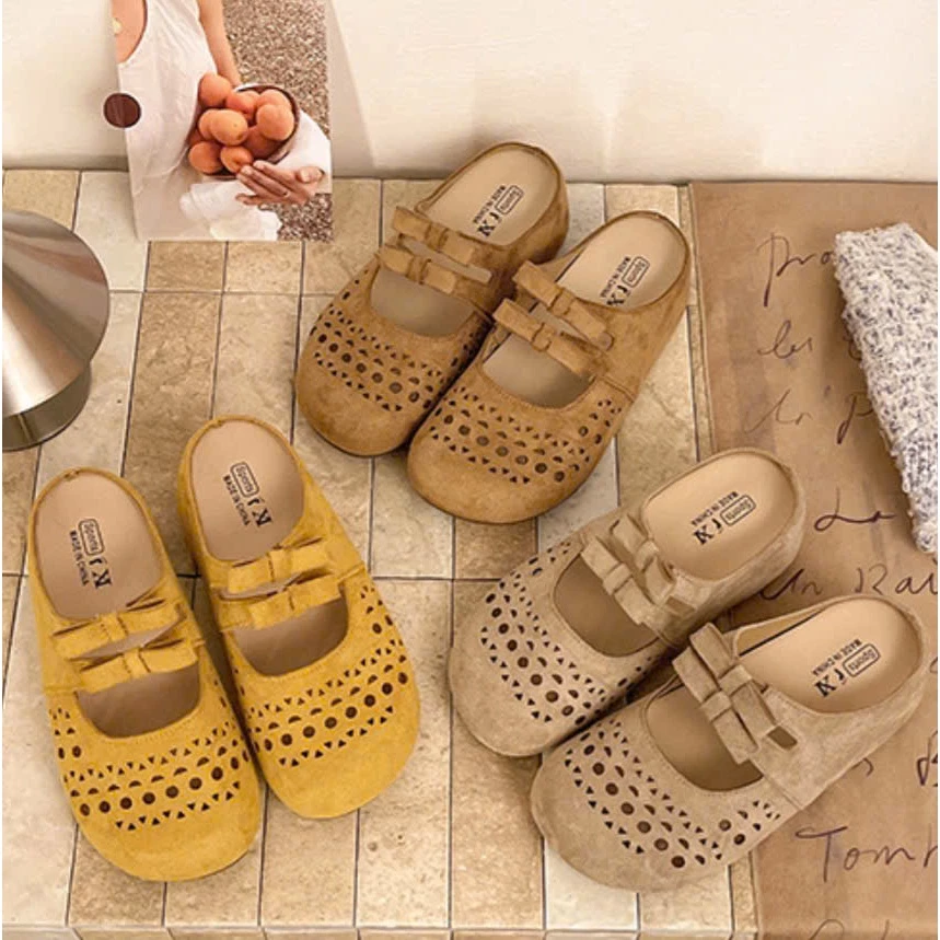 Giày Sục Búp Bê Nữ Vintage Đục Lỗ Thoáng Khí, Đính Nơ Thanh Lịch, Đế Mềm Êm Chân - SỤC 14