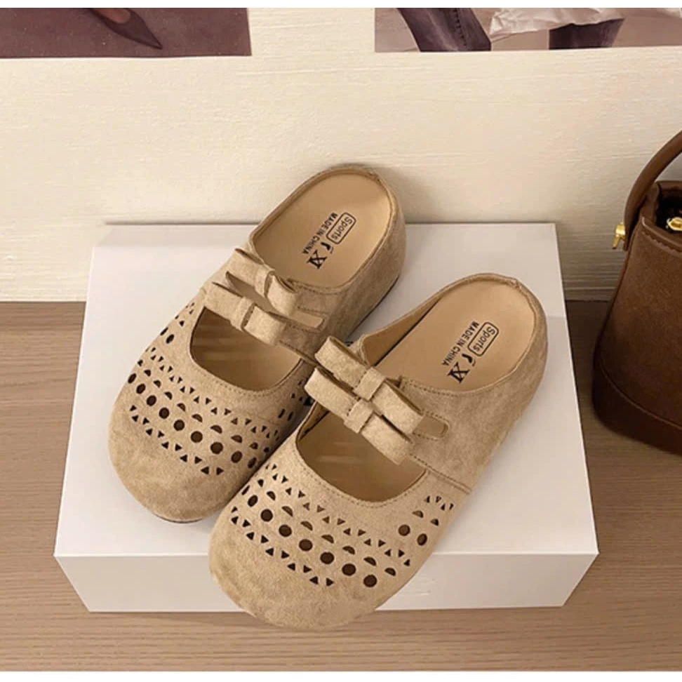 Giày Sục Búp Bê Nữ Vintage Đục Lỗ Thoáng Khí, Đính Nơ Thanh Lịch, Đế Mềm Êm Chân - SỤC 14