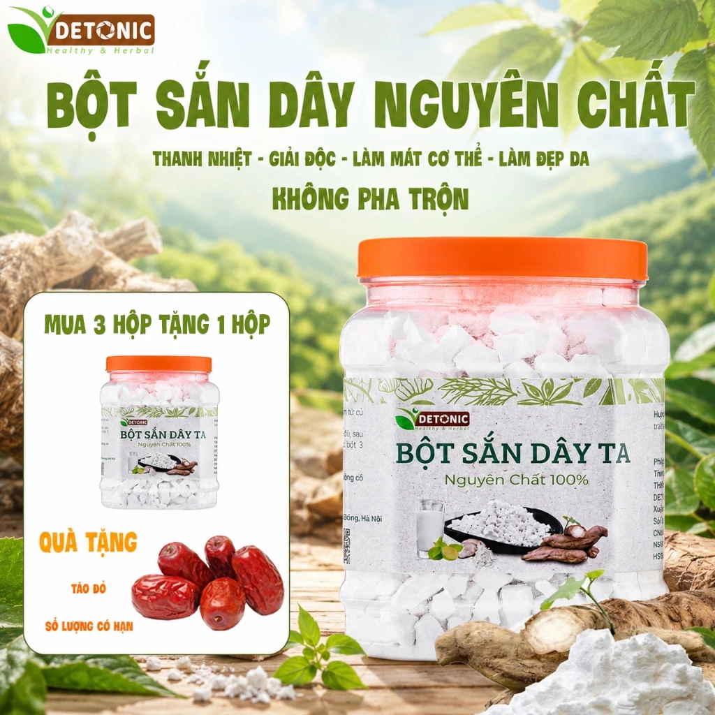 Bột sắn dây nguyên chất DETONIC giúp thanh nhiệt hạ nhiệt cho người bị cảm sốt, giải độc, hỗ trợ tiêu hóa, và làm đẹp da