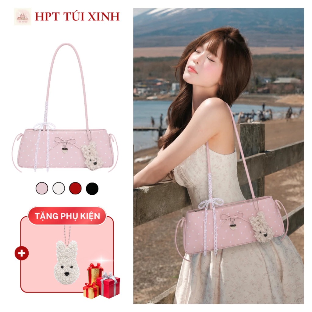 𝐂𝐓𝟎𝟐𝟗 - Túi nữ đeo vai da pu chấm bi dập trám ô vuông kèm charm bông dễ thương, túi xách nữ dung tích lớn đi học đi làm
