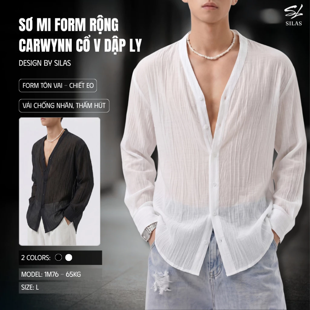 (Form Tôn Vai) Áo Sơ Mi Nam SILAS Carwynn Cổ V Tơ Dập Ly Form Rộng Thoáng Mát - ASLT02