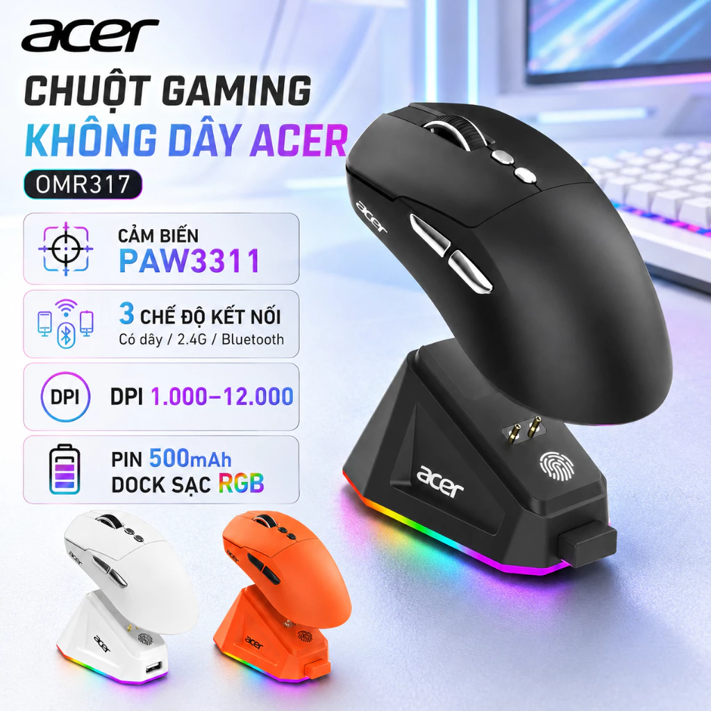 Chuột Gaming Không Dây Acer OMR317【Hàng mới về】 Siêu Nhẹ 67g 3 Chế Độ Bluetooth 2.4G Type-C DPI 12000 Đế Sạc RGB