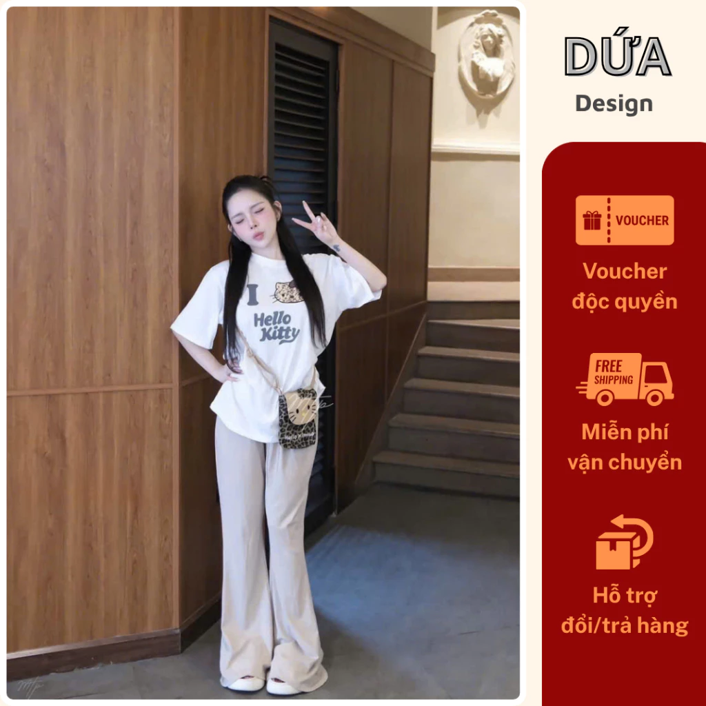 P19 Set Kitty Áo Lệch Vai Phối Quần Suông Dài Siêu Đáng Yêu Phù Hợp Đi Dạo Đi Chơi