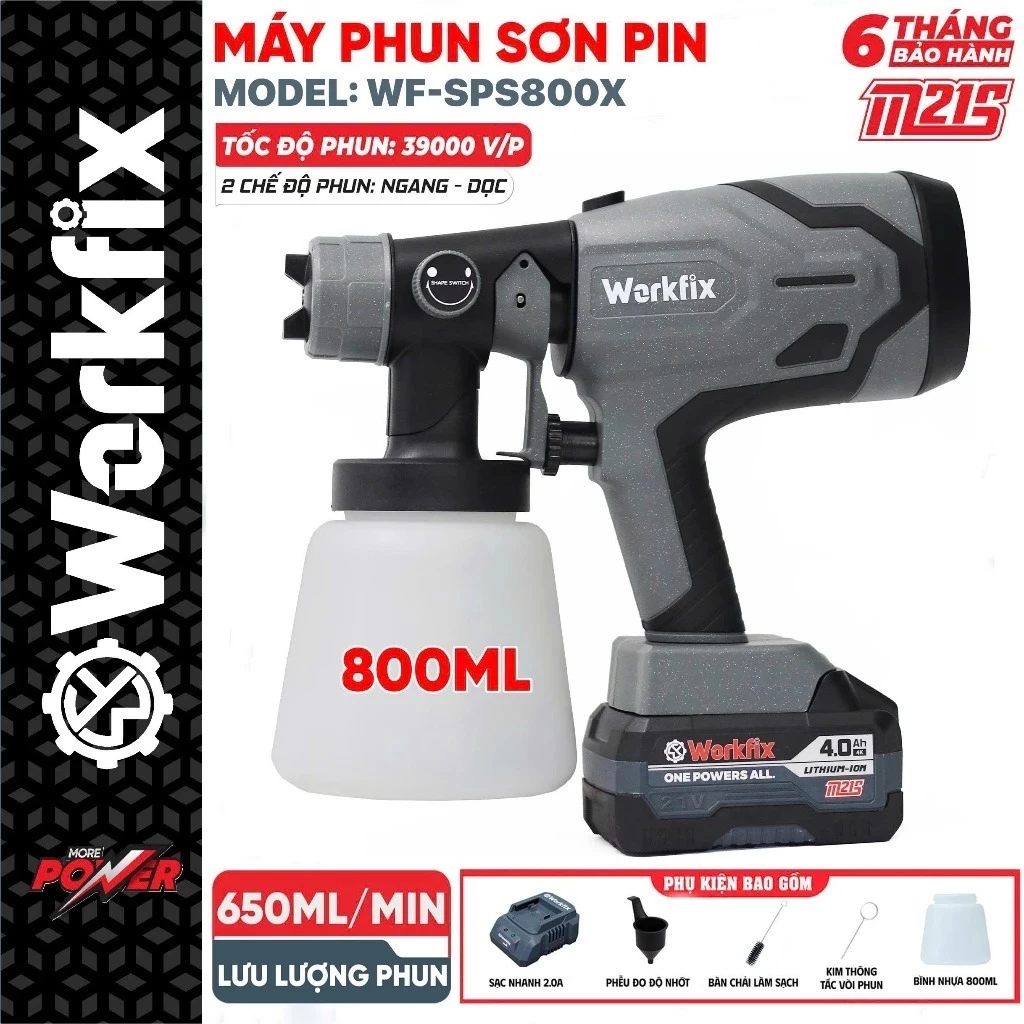 Máy phun sơn WORKFIX WF-SPS800M, 2 Kiểu phun, Bình 800ml - 650ml/phút - Máy phun sơn pin cầm tay tiện lợi