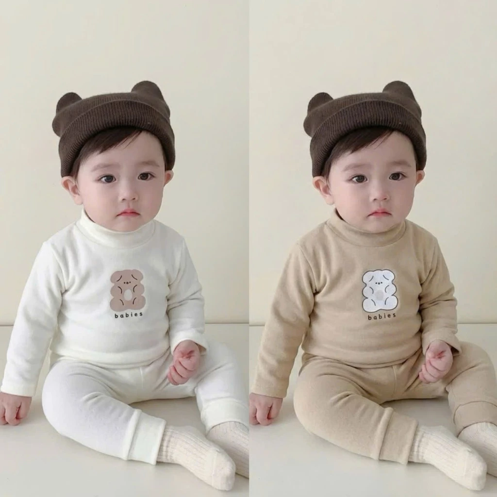 Bộ nỉ giữ nhiệt vải NỈ NHUNG cổ 3 phân in hình gấu Babies cho bé