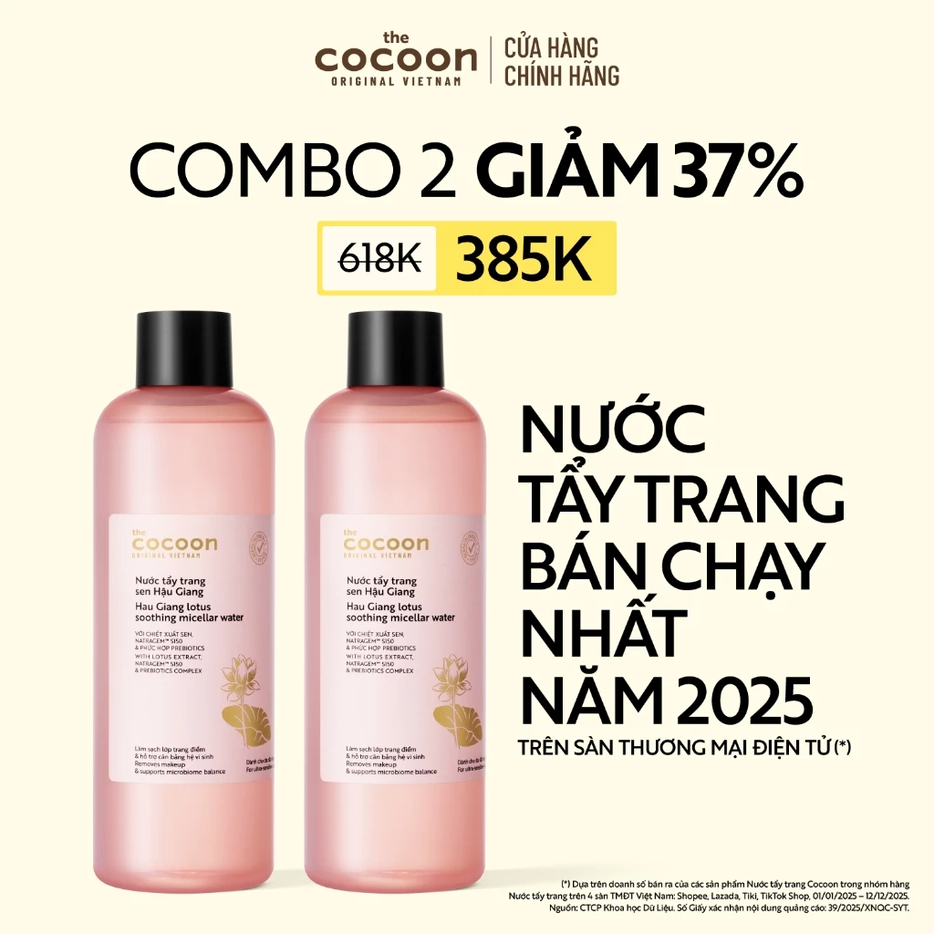 [MUA 2 GIẢM 38%] Combo 2 Nước Tẩy Trang Sen Hậu Giang Sạch Bụi Siêu Mịn PM1.0, Dịu Êm Cho Da Rất Nhạy Cảm Cocoon 500ml