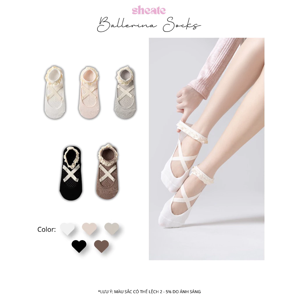 BALLERINA SOCKS | Tất thể thao có đế cao su chống trượt phong cách ba lê có viền ren dễ thương