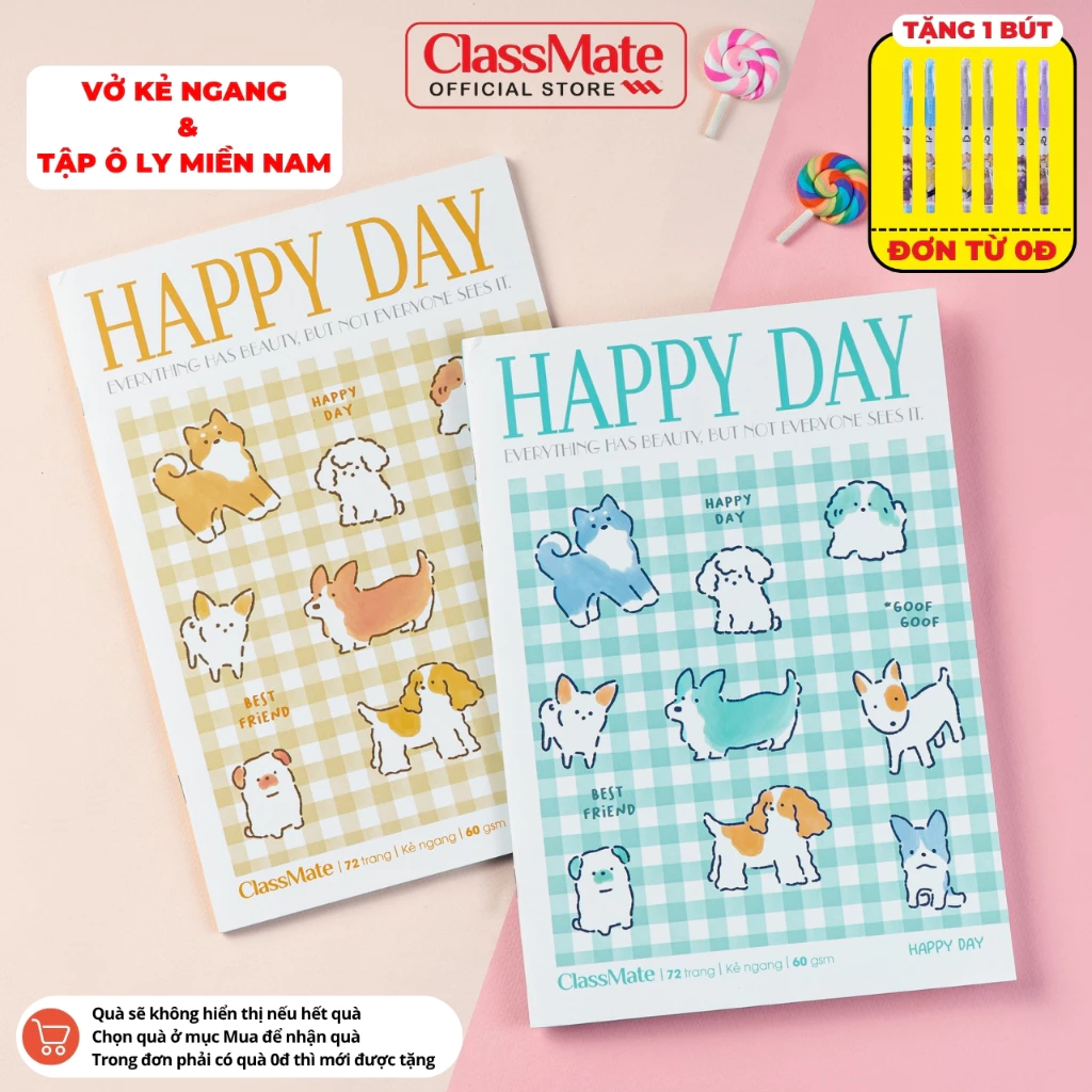 Combo 2/5 Tập Vở Happy Day Classmate Bìa Chống Nước, Giấy Ăn Mực, Vở Kẻ Ngang B5, Tập Học Sinh Miền Nam 4 Ô Ly A5