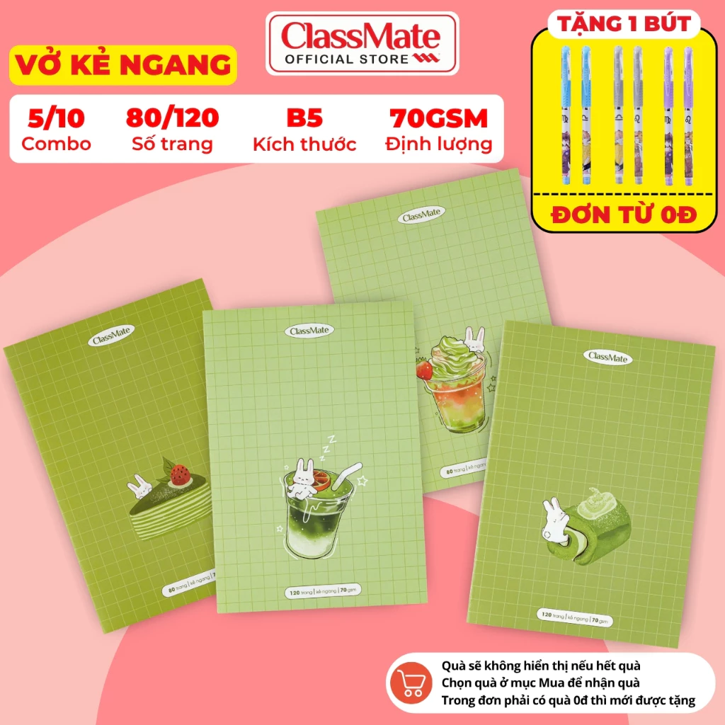 [BST 2026] Combo 3/5/10 Vở Kẻ Ngang Matcha ClassMate Bìa Dày Chống Nước, Giấy Ăn Mực, 70gsm, Tập Vở Viết B5 80/120 Trang
