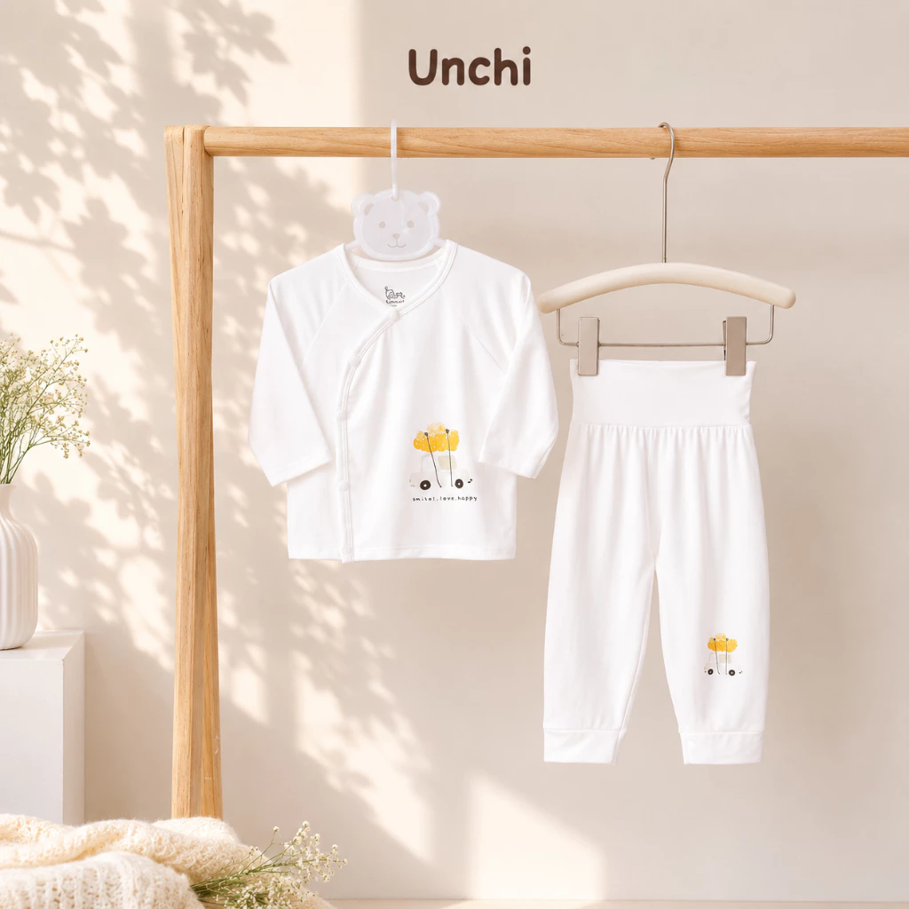 BD9. Bộ Sơ Sinh Dài Tay CẠP CAO TRẮNG UNCHI Vải Petit Mềm Mịn Mỏng Mát Cho Bé 3-9kg