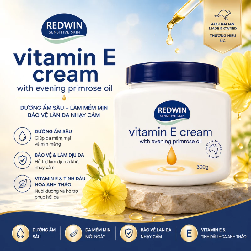 Kem dưỡng Redwin Vitamin E Cream 300g Úc chính hãng giúp dưỡng ẩm, khô da, nứt nẻ