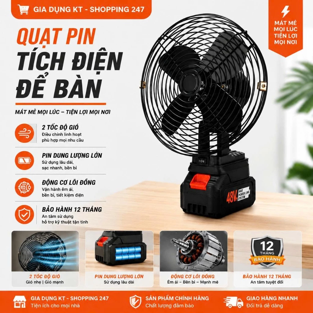 Quạt Pin Tích Điện Để Bàn, Quạt Mini Để Bàn Công Suất Lớn, Làm Mát Cực Nhanh, Hoạt Động Mạnh Mẽ, Bền Bỉ