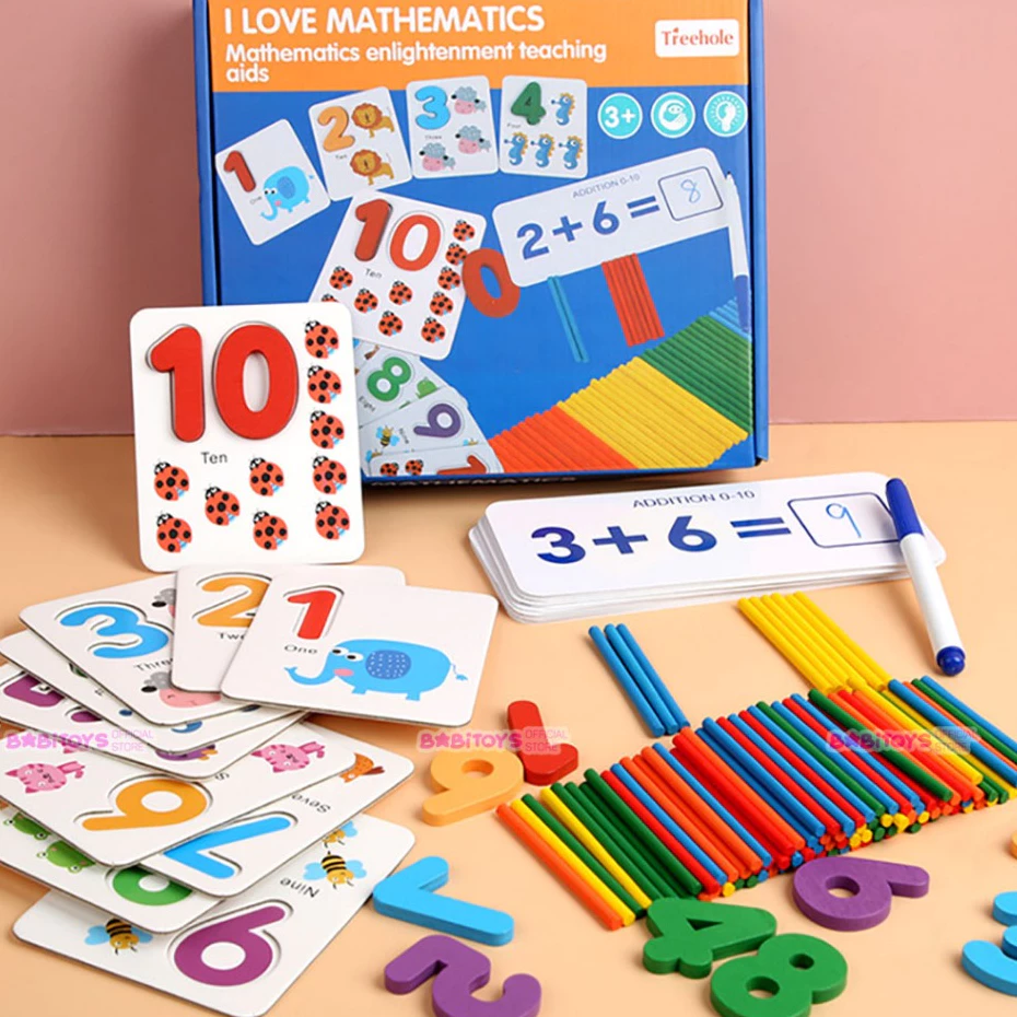 [Sale 50%]  Bộ giáo cụ que tính học toán và thẻ ghép số học phép tính tư duy, giáo cụ Montessori cho bé Happykids